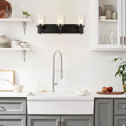 Miniatura 7 de Lámparas de tocador, lámparas de baño negro mate sobre el espejo, lámpara moderna de apliques de pared con pantalla de vidrio transparente (3 luces)