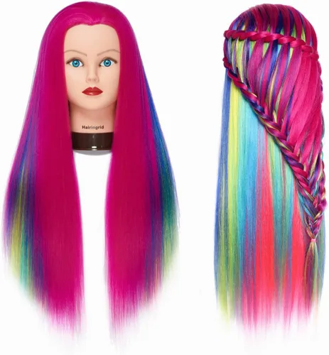 Miniatura 13 de Hairingrid Cabeza de maniquí de 26 a 28 pulgadas, para entrenamiento de peinado, cosmetología, cabeza de muñeca, pelo de fibra sintética y soporte