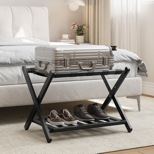 Smart FENDEE Portaequipajes negro totalmente montado, soporte para maleta con estante para zapatos, soporte de equipaje plegable de madera para
