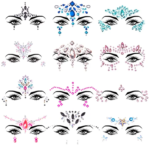 SIQUK 12 juegos de joyas de cara de sirena, diamantes de imitación, tatuajes temporales, lágrimas de cristal, piedras preciosas para carrera,