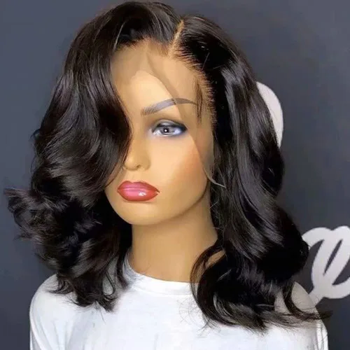 Peluca de cabello humano corto ondulado con encaje frontal transparente HD de 13 x 4 pulgadas, color natural, 150 % de densidad, pelucas cortas con