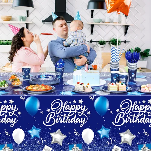 Miniatura 5 de Norme Juego de vajilla para fiesta de cumpleaños de 176 piezas en azul marino y plata. Decoración de cumpleaños que incluye mantel, platos de papel