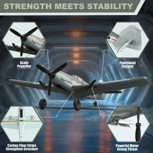 Miniatura 6 de Avión RC ANBURI, Avión de control remoto BF - 109 de 3 canales, 2.4GHz y estabilizador de giro de 6 ejes, 2 baterías incluidas, ideal para adultos