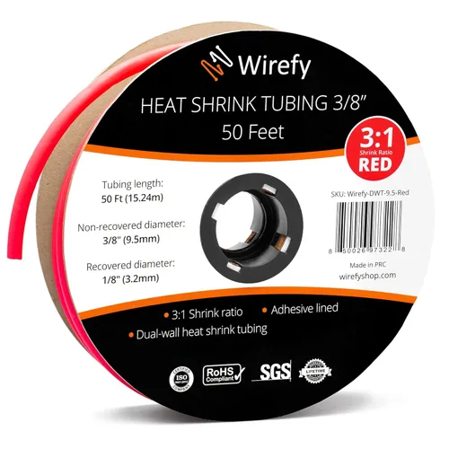 Wirefy - Tubo termorretráctil de 3/8 pulgadas, relación 3:1, forro adhesivo, termorretráctil de grado marino, rojo, rollo de 50 pies