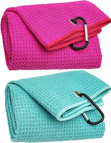 Miniatura 9 de Juego de 2 toallas de microfibra de tres pliegues con clip de mosquetón, toallas de golf con patrón de gofre para bolsas, toallas deportivas al aire