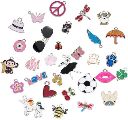 Miniatura 6 de SUNNYCLUE 1 caja de 30 estilos, 30 piezas de dijes esmaltados surtidos chapados en plata, unicornio, animales, corazón, flor, joyería, colgantes