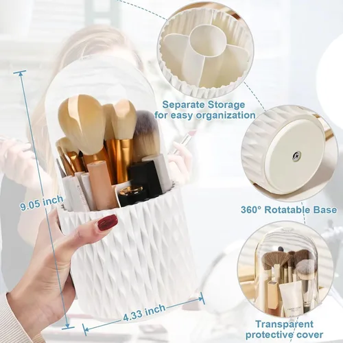 Miniatura 2 de WAFJAMF Organizador de brochas de maquillaje con tapa, organizador giratorio de 360 grados para tocador y baño, 5 ranuras para brochas de Blanco