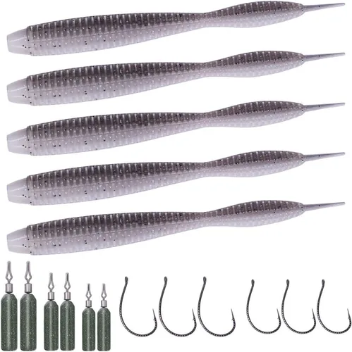 Miniatura 11 de Aparejos de pesca de gusanos de plástico suave para lubina, gusanos de goma de 4 pulgadas, gusanos locos, cebos de cola recta, kit de 22 piezas