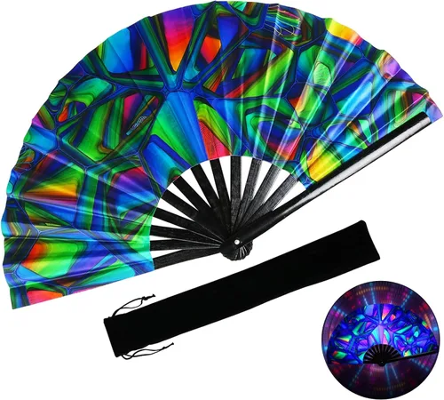 Miniatura 15 de Ventilador plegable grande, ventilador de mano de bambú de 13 pulgadas con tinta reactiva UV, ventilador chino plegable Clark para festivales, Drag