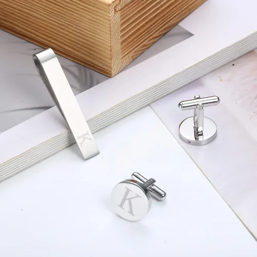 Miniatura 31 de LOYALLOOK - Gemelos de acero inoxidable grabados con inicial y clip de corbata, diseño de letras del alfabeto con caja de regalo, A-Z