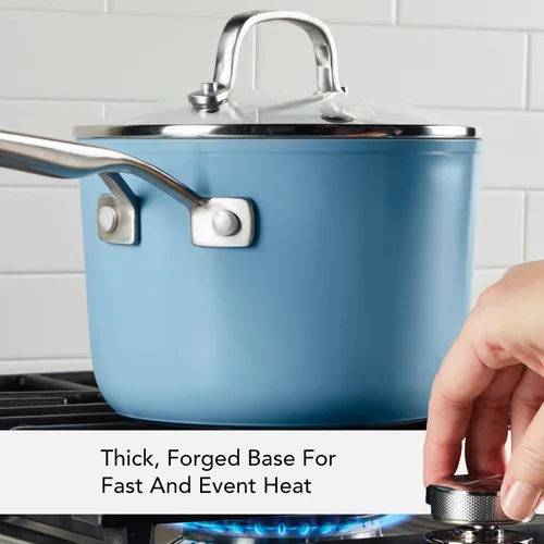 Miniatura 5 de KitchenAid Sartén antiadherente de cerámica anodizada dura con tapa, 3 cuartos de galón, terciopelo azul