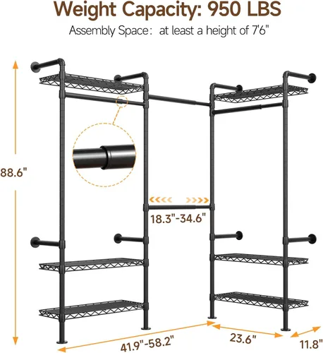 Miniatura 2 de L3 - Sistema de organizador de armario industrial de tuberías, perchero de pared con 4 varillas telescópicas y 6 estantes, sistema de armario Negro