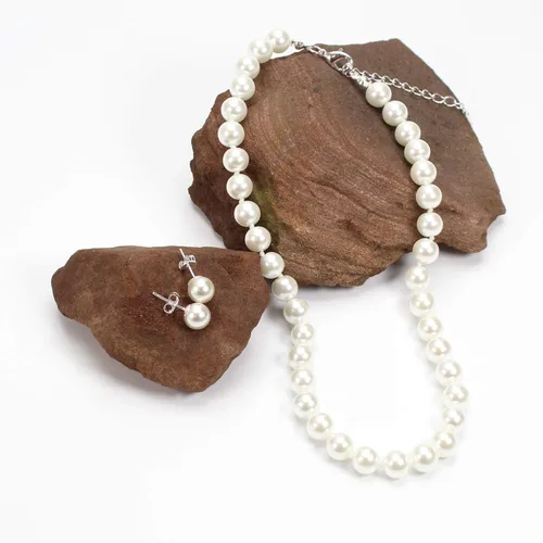 Miniatura 6 de JIBSA 8mm Round Simulated Shell Pearl Necklace Sterling Silver Stud Earring Set - Wedding Bridal Tea Party Jewelry for Women Girls