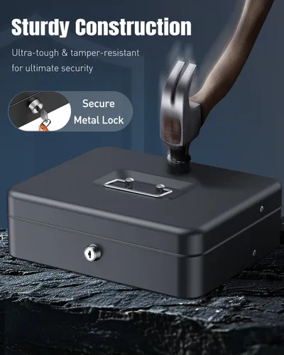 Miniatura 5 de Uniclife Caja de efectivo con bandeja de dinero y cerradura, caja de dinero grande para caja registradora, caja de seguridad de metal con llave