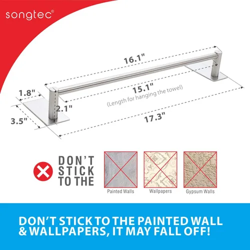 Miniatura 6 de Songtec Barra para Toallas de Baño de 16 Pulgadas, Porta Toallas Sin Taladro, Fácil Instalación con Autoadhesivo, Acero Inoxidable Premium SUS304