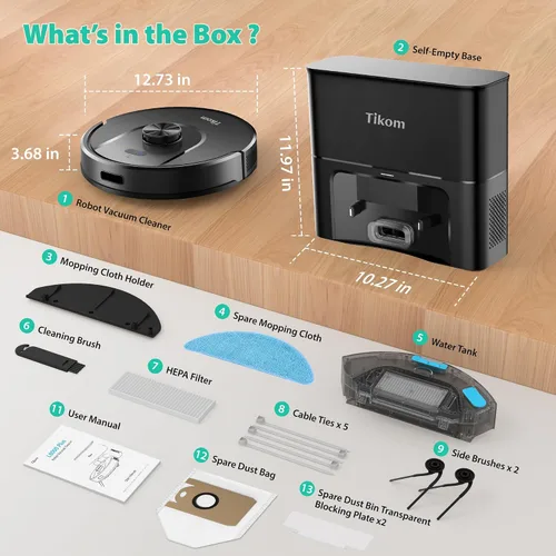 Miniatura 9 de Tikom Robot Aspirador y Fregona, Aspiradora Robótica de 6000 Pa con Base de Vaciado Automático, Capacidad de 90 Días, Navegación LiDAR, Mapeo