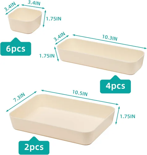 Miniatura 2 de Juego de 12 organizadores de cajones de escritorio de plástico de color beige para maquillaje, baño, oficina, cocina, cajón, caja de almacenamiento