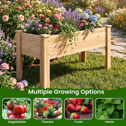 Miniatura 7 de HAPPYGRILL Cama de jardín elevada, maceta de madera con patas, 5 agujeros de drenaje, cama de jardín elevada para verduras y flores, contenedor