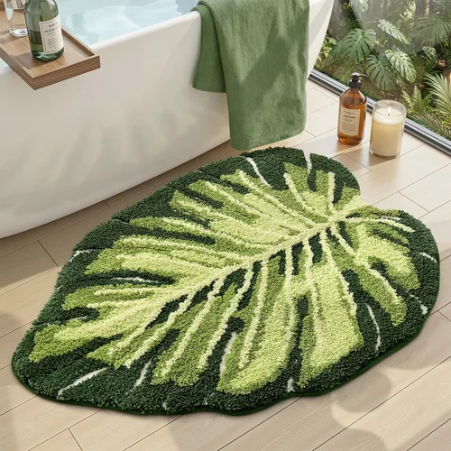 DEXI Leaf - Alfombras de baño Monstera, 23.5 x 31.5 pulgadas, suaves, esponjosas y lindas con parte trasera antideslizante, alfombra de baño lavable