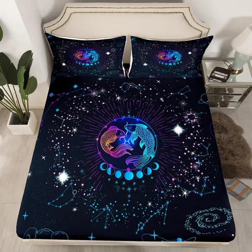 Miniatura 8 de Erosebridal Aries - Sábanas bajeras de nebulosa hippie tamaño individual, sábanas psicodélicas de astrología del zodiaco psicodélico, funda de cama