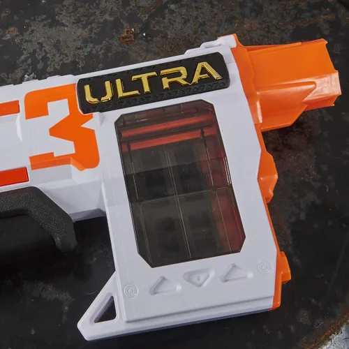 Miniatura 6 de Nerf Ultra Three Blaster, acción de bomba, clip interno de 8 dardos, 8 dardos Ultra, compatible solo con dardos Ultra