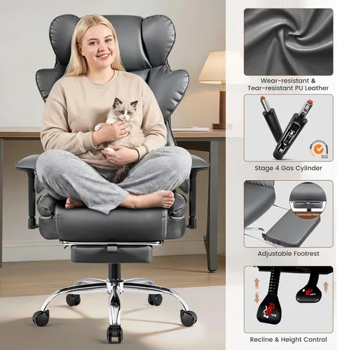 Miniatura 7 de BESTFAIR Silla de oficina grande y alta, silla ejecutiva de respaldo alto con reposapiés y soporte lumbar para personas pesadas, brazos ajustables