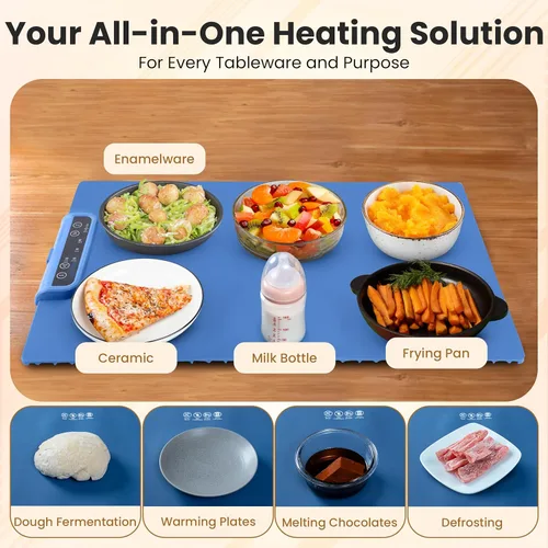 Miniatura 5 de Tapete de calentamiento extra grande para alimentos con apagado automático, bloqueo para niños, portátil, plegable, bandeja de calentamiento Azul