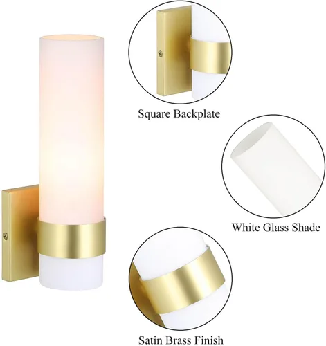 Miniatura 8 de XiNBEi Lighting XB-W1185-SB - Aplique de pared ADA, lámpara de tocador de baño vintage con tubo de vidrio acabado de latón satinado para cocina