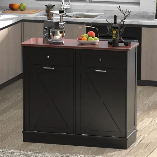 Miniatura 3 de TOLEAD Gabinete de basura oculto de madera de 2 x 10 galones con puerta de granero y parte superior de madera maciza, contenedor de basura de cocina