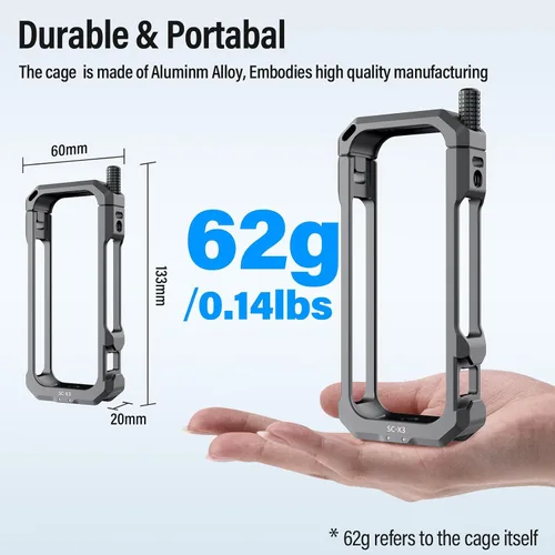 Miniatura 9 de SIRUI Jaula de cámara para Insta360 X3, funda protectora de aluminio para Insta360 X3 con cubierta de lente, dedos plegables, rosca de 1/4 pulgadas