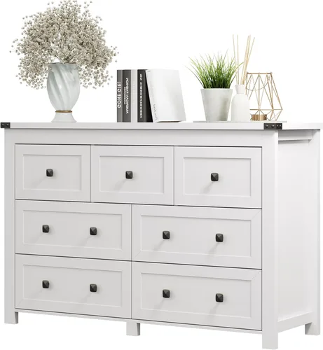 Miniatura 25 de Cómoda para dormitorio con 6 cajones, cómoda de madera de granja, soporte de TV ancho con mango de metal, organizador de ropa moderno para pasillo