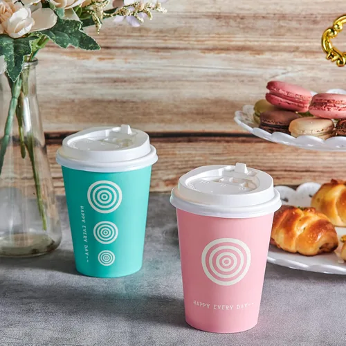 Miniatura 5 de JollyPack Paquete de 100 tazas de papel para café de 12 onzas con tapas y agitadores en rosa y verde. Ideal para café, jugo, té, uso doméstico