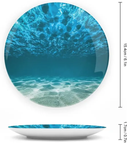 Miniatura 2 de XISUNYA Plato decorativo de porcelana de 6 pulgadas, plato de porcelana oceánica, superficie ondulada con fondo de grava, estampado de paisaje Azul