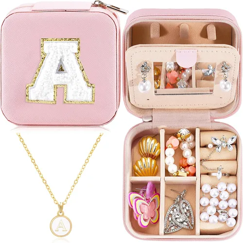 URSKYTOUS Joyero de viaje con inicial, pequeño organizador de joyas, color rosa, portátil, personalizado, para adolescentes, niñas, mujeres, regalo