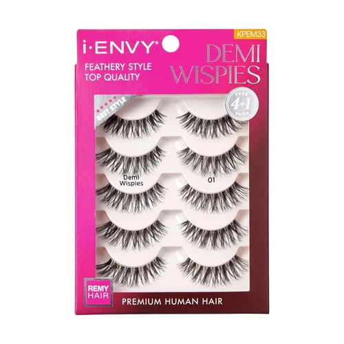 i-ENVY - 5 pares de pestañas postizas Demi Wispies (1 paquete), cabello 100% humano de calidad premium, pestañas esponjosas y plumosas con volumen y
