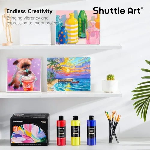 Miniatura 7 de Shuttle Art 12 colores de pintura acrílica, botellas de 250 ml/8.45 oz, juego de pintura acrílica, pigmentos ricos, suministros de pintura a granel