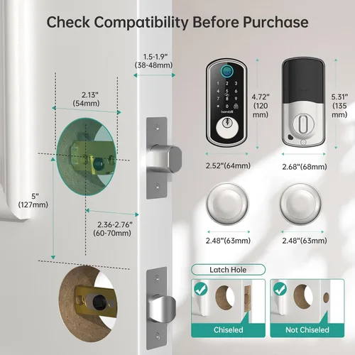 Miniatura 9 de Cerradura de puerta inteligente WiFi: cerradura de puerta de entrada sin llave con asa, cerradura inteligente de huellas dactilares con 2 perillas