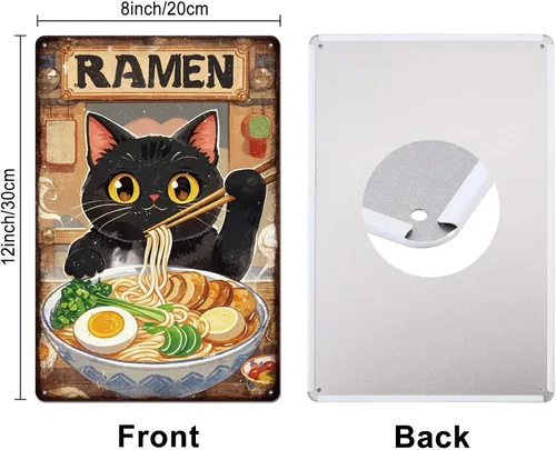 Miniatura 2 de GLOBLELAND Letrero de metal de ramen de gato negro de 12 x 8 pulgadas, letrero de decoración de gatitos y fideos, placa de metal de pared