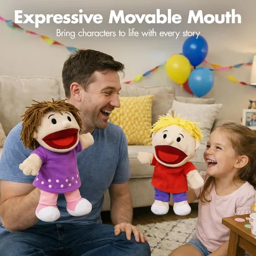 Miniatura 4 de Podzly Marionetas de mano para niños, paquete de 8 marionetas multiculturales de felpa con boca móvil, juego de marionetas divertidas y coloridas