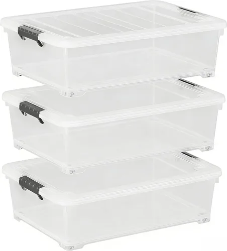 Caja de almacenamiento de plástico transparente de 25 cuartos de galón con ruedas, caja de almacenamiento debajo de la cama, paquete de 3