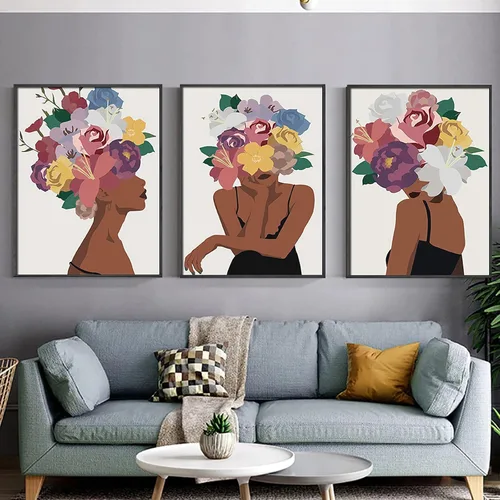Miniatura 5 de Juego de 3 pinturas de pared afroamericanas con diseño de flores negras para mujer, diseño de cabeza negra, pintura en lienzo, cuadros sin marco