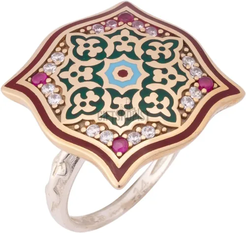 Miniatura 3 de Motif Style Turkish Handmade All Authentic Jewelry Red Enamel Round Cut Ruby Topaz 925 Sterling Silver Ring Size All
