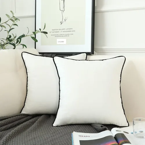 LIGICKY Juego de 2 fundas de almohada de terciopelo blanco de estilo moderno minimalista sólido decorativo negro cuerda suave fundas de cojín