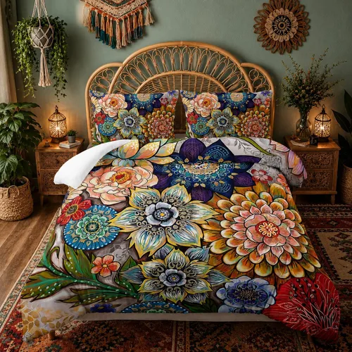 Miniatura 8 de Juego de edredón floral colorido de 3 piezas, juego de ropa de cama botánica bohemia tamaño queen, diseño boho de granja con flores y hojas impresas