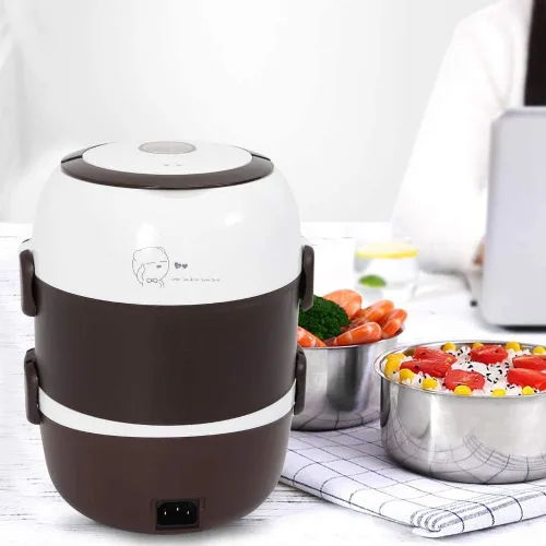Miniatura 5 de Fiambrera eléctrica para arrocera, 3 capas, 2 L, calentador de alimentos de arroz portátil con estante para vapor, vaporizador de alimentos de acero