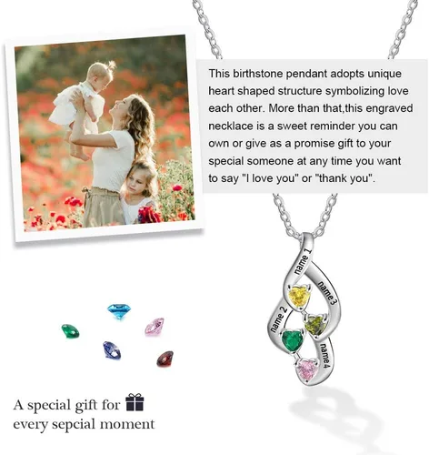 Miniatura 4 de Collar personalizado de plata de ley, collar con colgante de piedra natal de la madre con nombres grabados, collar familiar para mujer, Metal