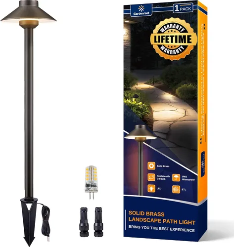 Miniatura 26 de Gardenreet Luces de camino de latón para exteriores, iluminación de camino de paisaje de bajo voltaje con cable, luz LED de pasarela de 12 V