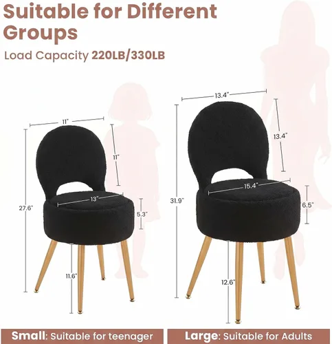 Miniatura 3 de Taburete silla de tocador pequeño con almacenamiento y respaldo plegable, 4 patas de metal con pies antideslizantes, otomana redonda con asiento
