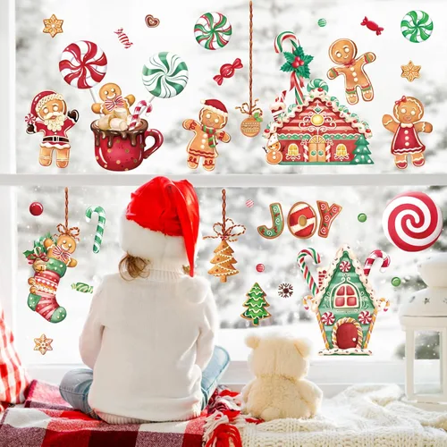 Miniatura 7 de Wondever Pegatinas de pared de camiones rojos - Gnomos, árbol de Navidad, calcomanías de arte para ventana para fiesta, decoración navideña