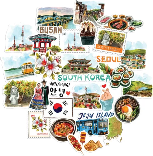 Navy Peony Calcomanías de viaje escénicas de Corea del Sur (30 unidades), ilustradas a mano, Seúl, calcomanías coreanas para diarios, álbumes de